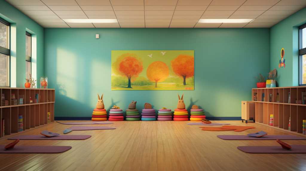 A room with yoga mats and colorful paintings.