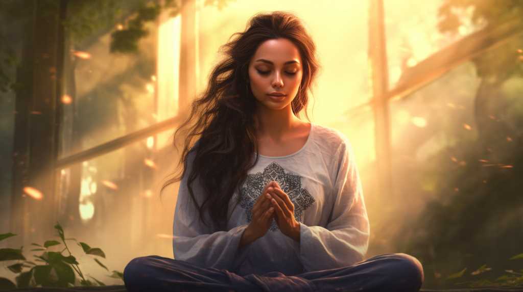 A woman meditating in the forest.