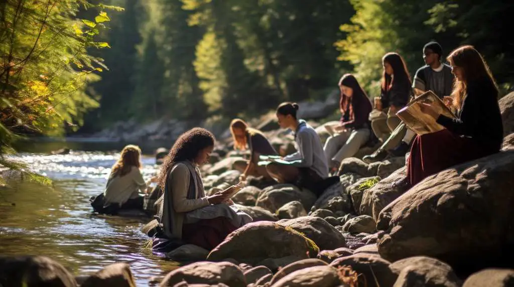 A group of people sitting on rocks near a river.