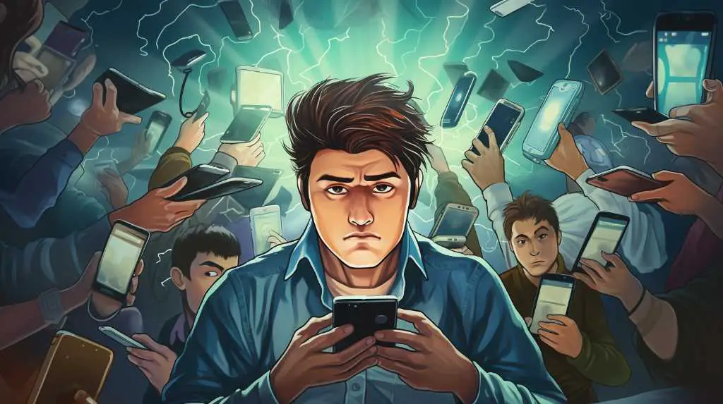 An illustration of a man surrounded by cell phones.