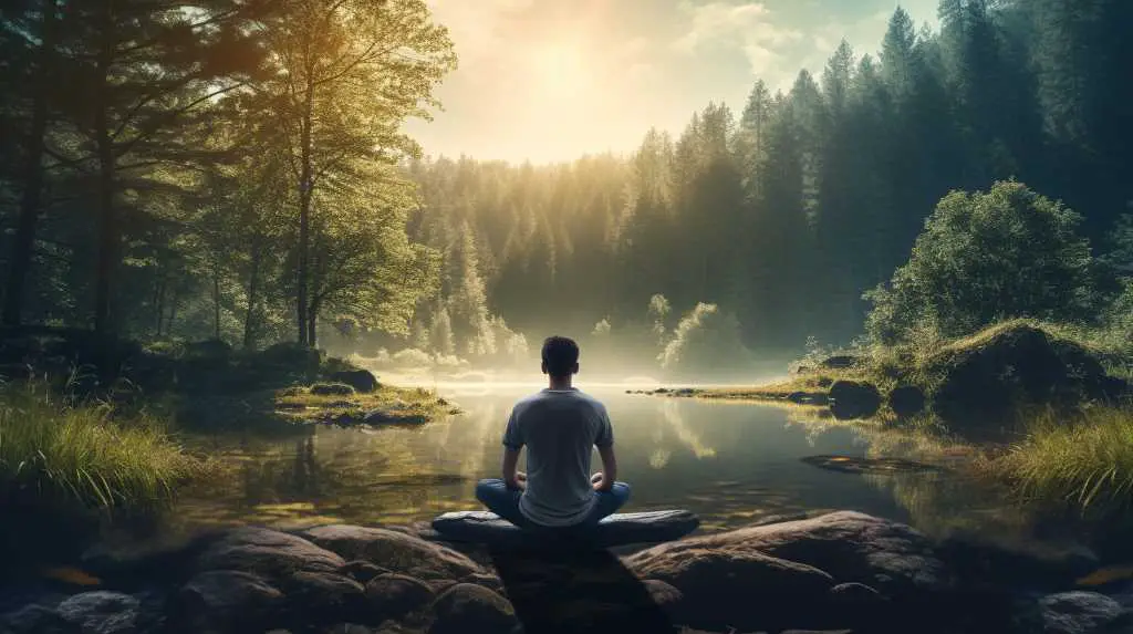 A man is meditating in a forest near a lake.