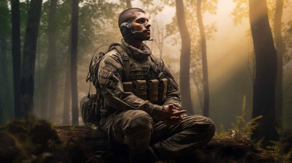 A soldier in camouflage sitting in the woods.