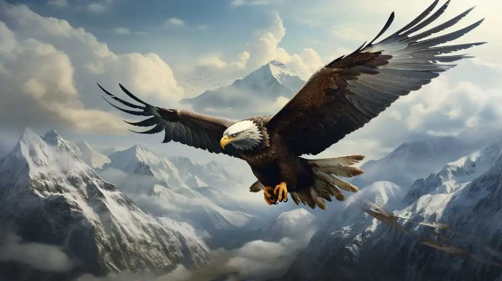 A bald eagle flies over the mountains and clouds.