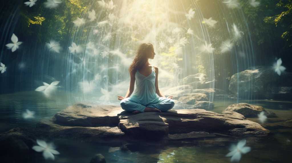A woman meditating in the water with butterflies flying around her.