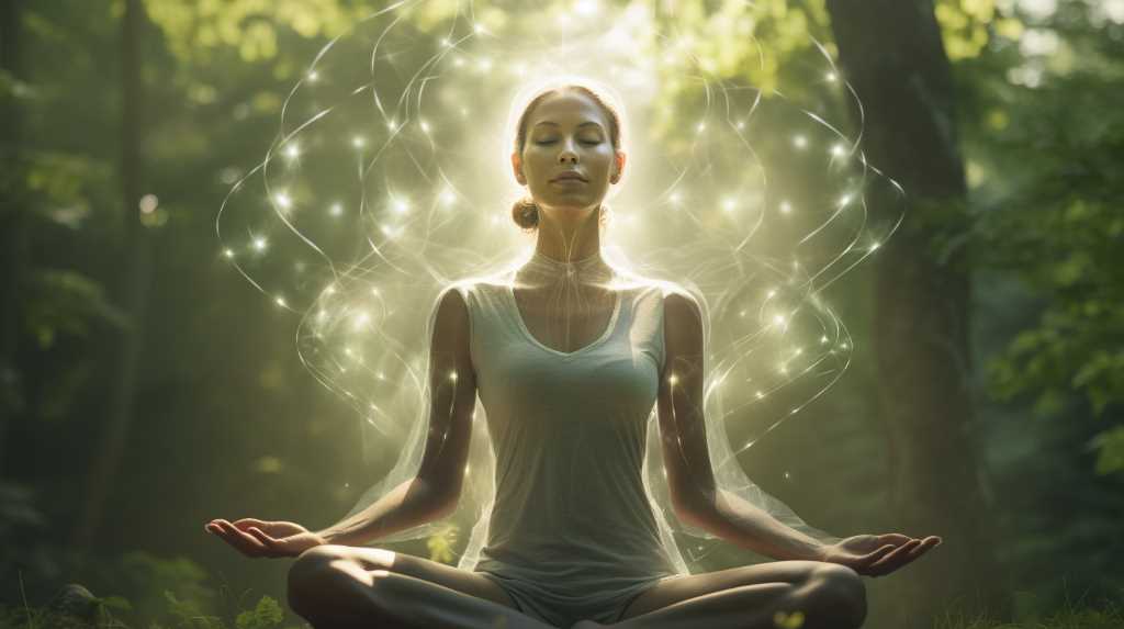 A woman meditating in the forest.
