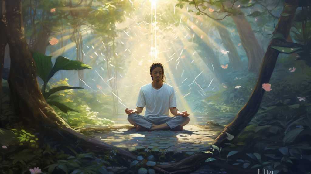 A man meditating in the forest.