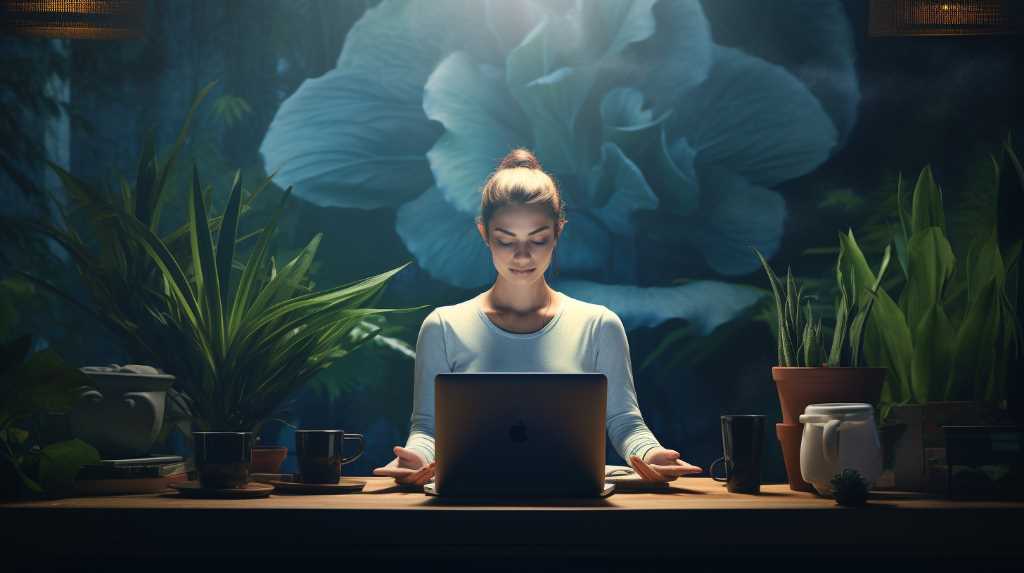 A woman sitting at a desk with a laptop in front of plants.