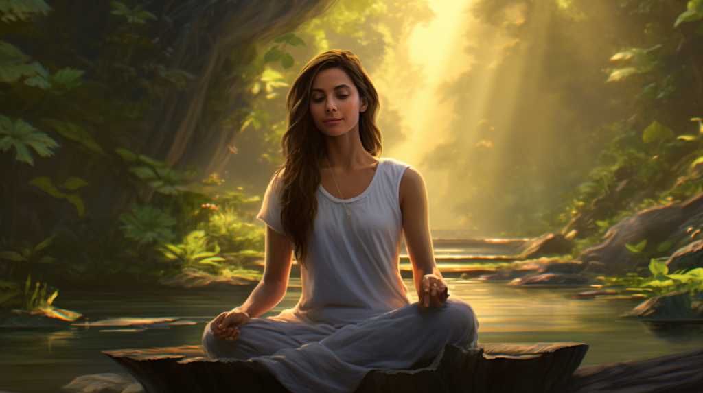 A woman is meditating in the forest.
