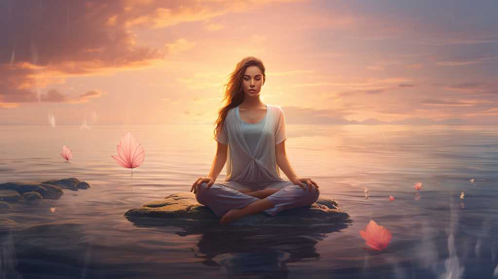 A woman meditating on a rock in the water.
