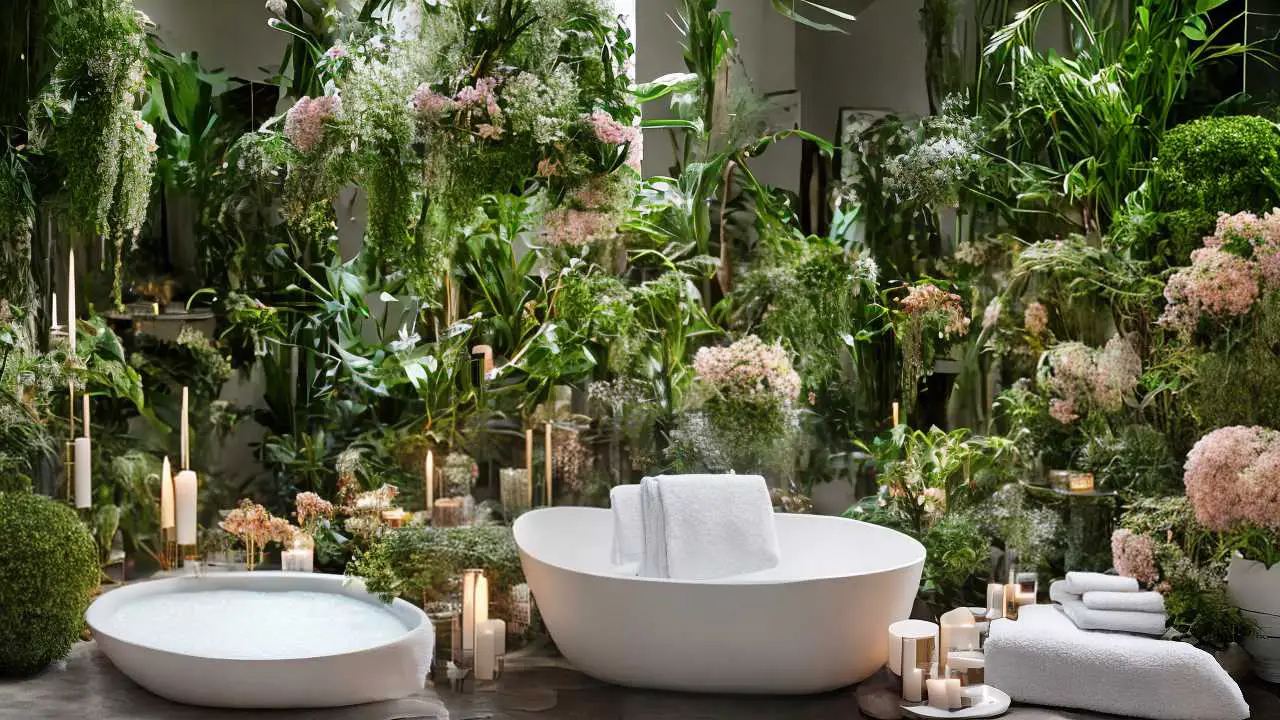 A bathtub surrounded by plants in a bathroom.