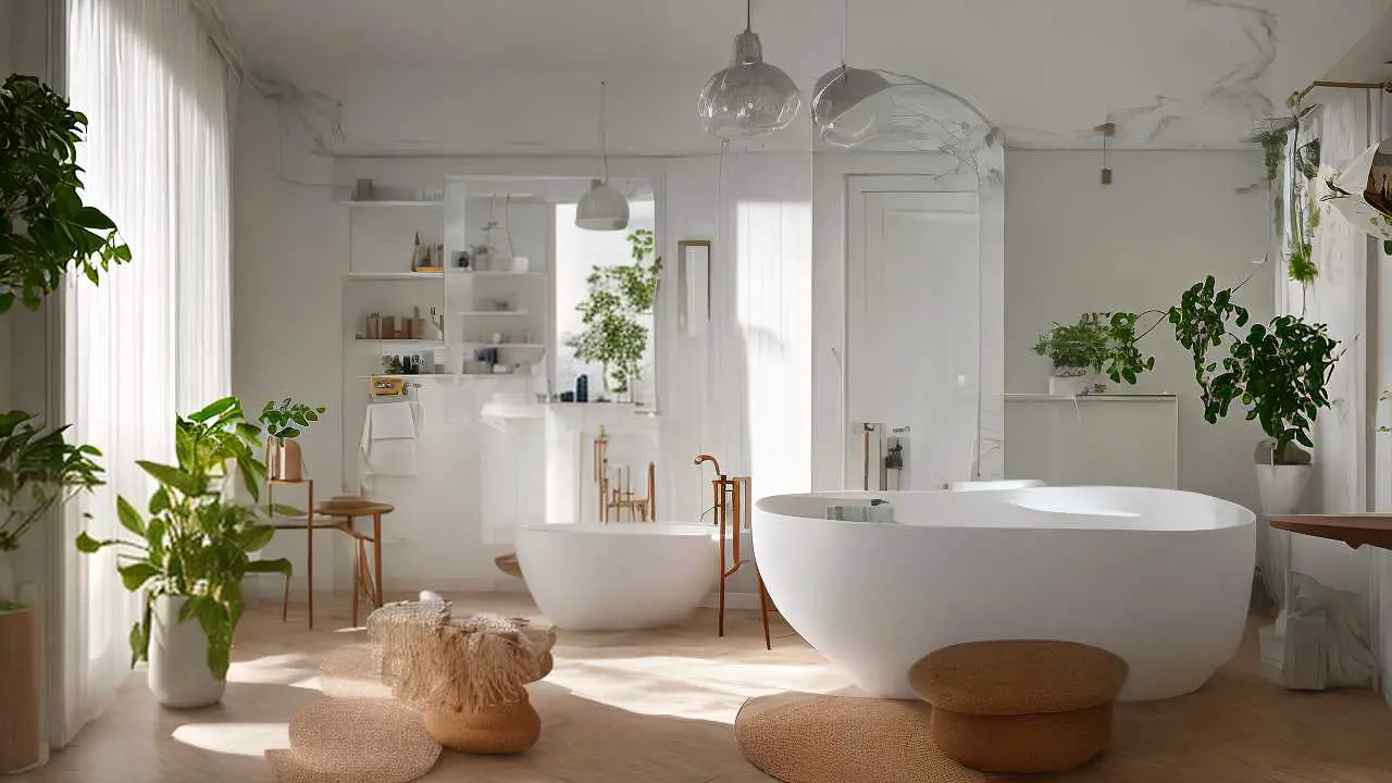 A white bathroom with plants and a bathtub.