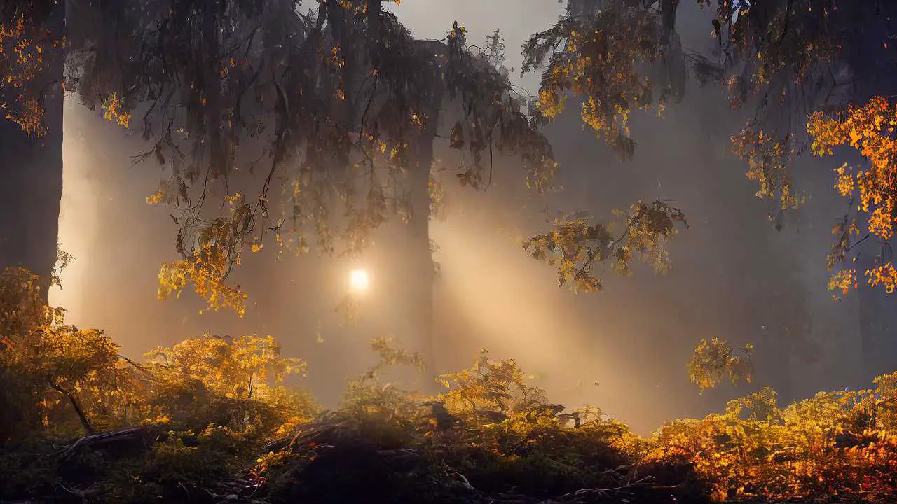 Sunlight filtering through mist and trees in an autumn forest.