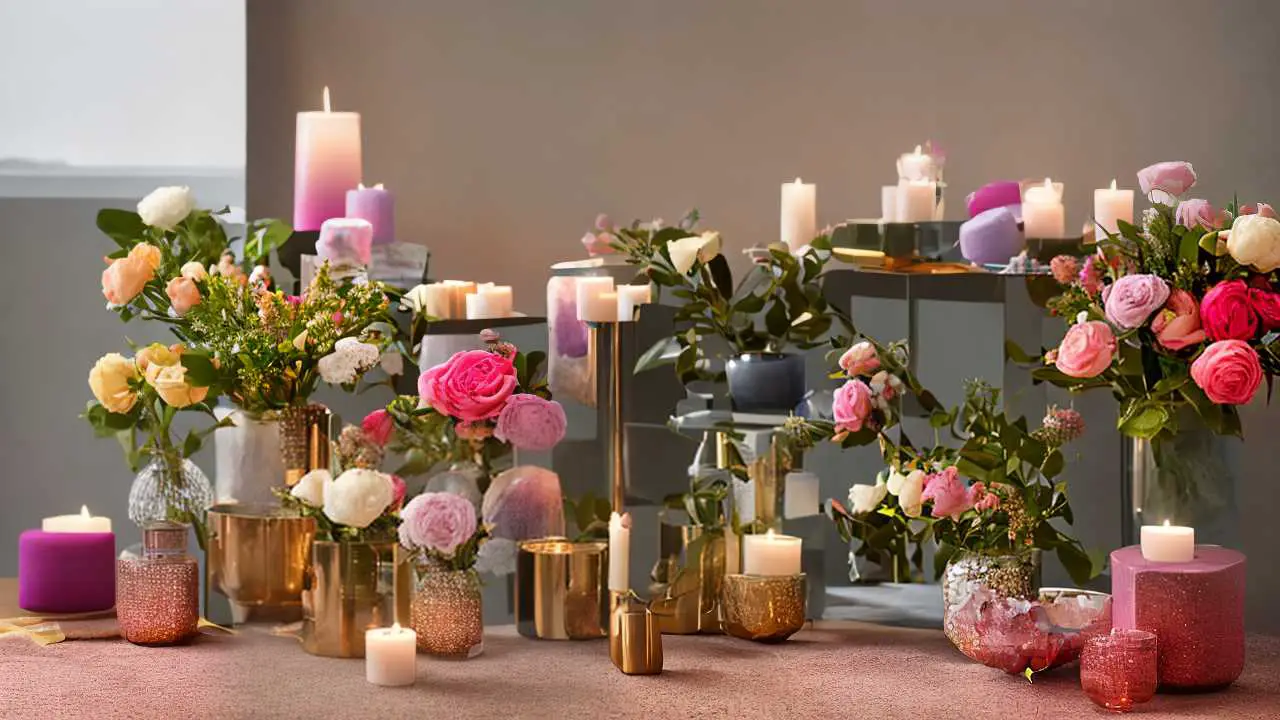 Candles and roses arranged on shelves and a table creating a serene ambiance.