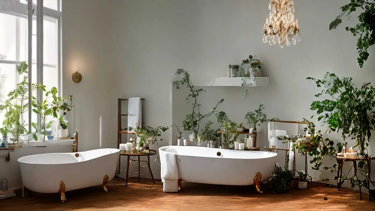 Spacious bathroom with twin freestanding bathtubs adorned with plants and candles, featuring a chandelier and a serene, natural light atmosphere.