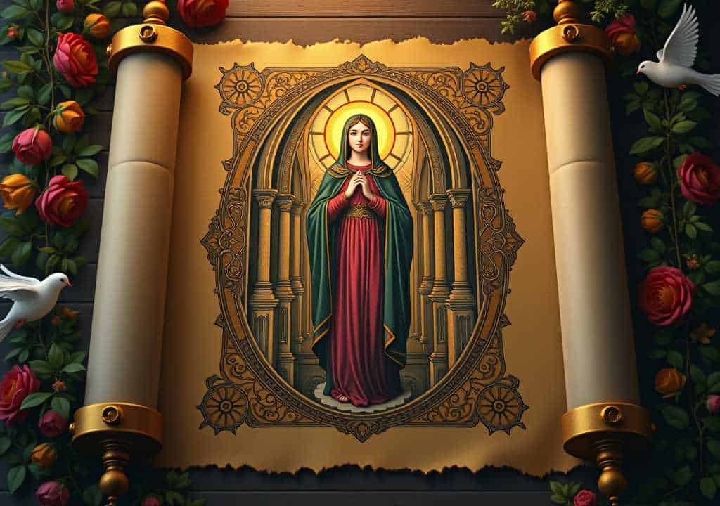 A detailed scroll featuring an image of a haloed figure in green and red robes framed by an intricate golden design, surrounded by roses and doves.