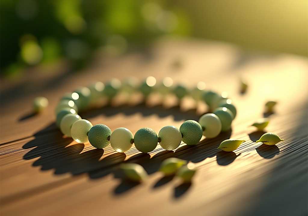 A beaded bracelet with green and white spherical beads sits on a wooden surface, surrounded by scattered small leaves, with sunlight streaming in the background.