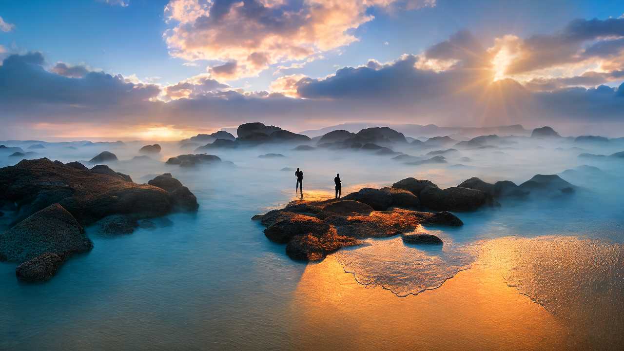 Two people stand on rocky terrain surrounded by mist and water, with a dramatic sunrise casting light through the clouds over the ocean.