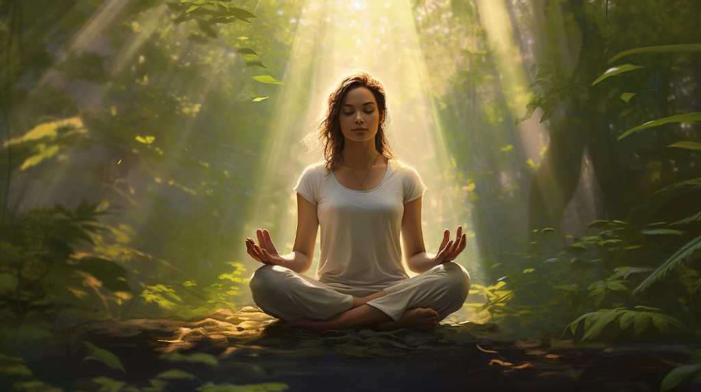 A woman in a white outfit sits in a cross legged meditation pose in a sunlit forest with rays of light filtering through the trees.
