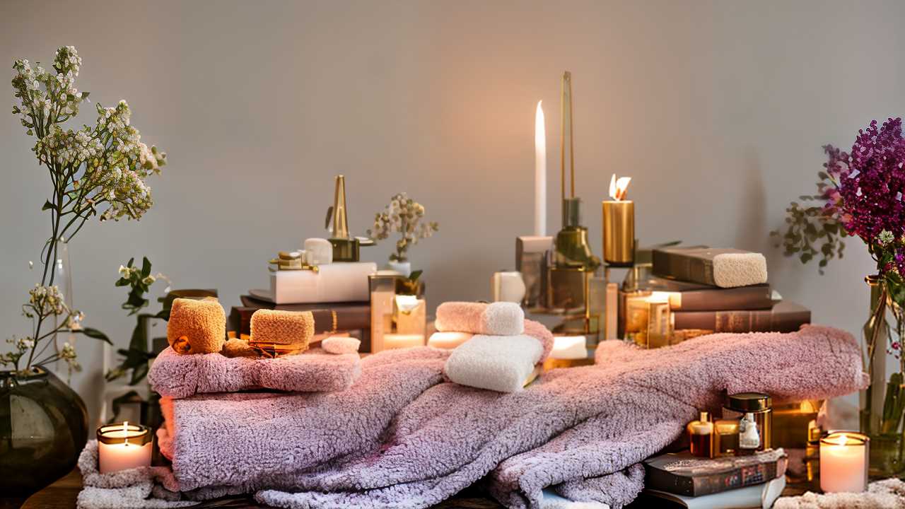 A cozy scene features neatly folded towels, candles, books, and decorative vases with flowers on a surface, creating a warm and inviting atmosphere.