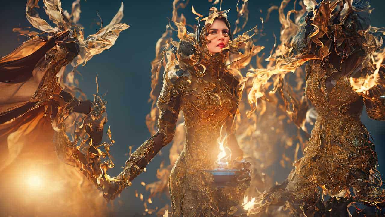 A woman in ornate, golden armor stands among other similarly armored figures, surrounded by swirling flames. Her intense expression contrasts with the dynamic, fiery scene.