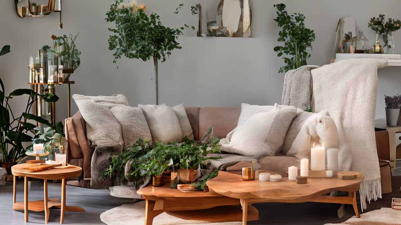 A cozy living room featuring a plush beige sofa with white pillows, wooden coffee tables, numerous candles, and abundant greenery.