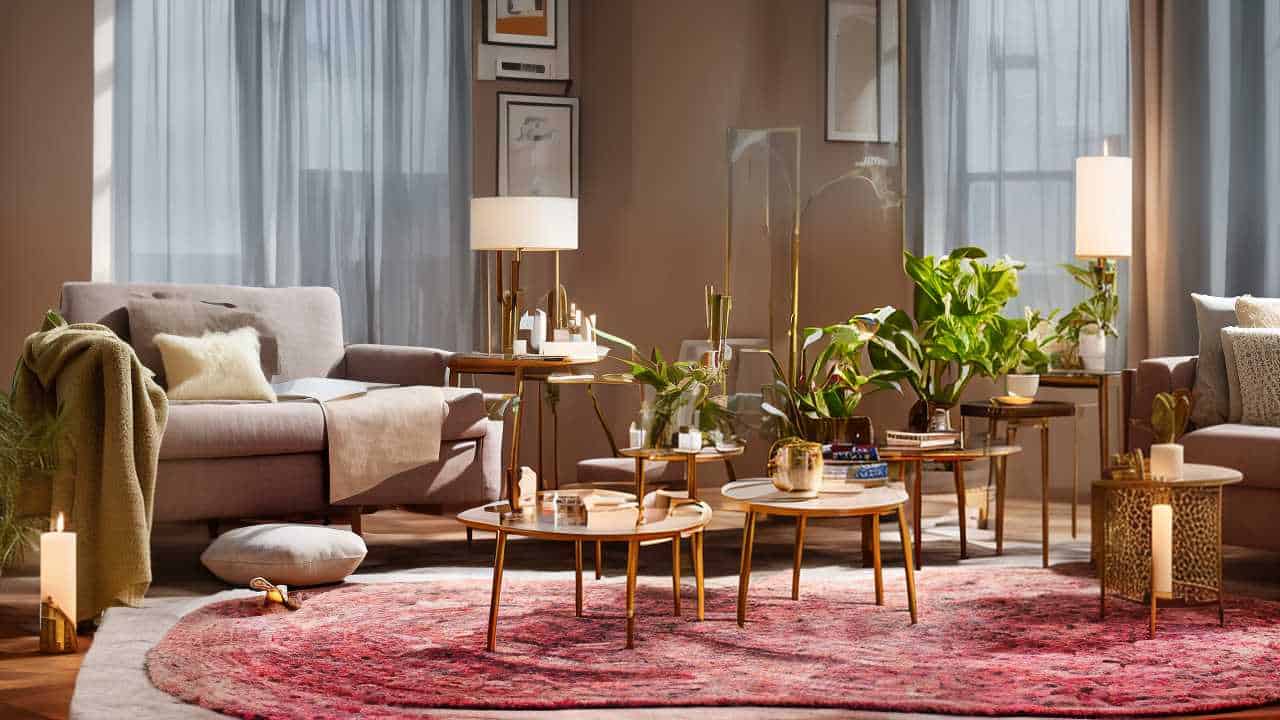 A cozy living room with a gray sofa, various plants, and round coffee tables on a red rug. Lamps and candles provide warm lighting. Large windows with sheer curtains let natural light in.