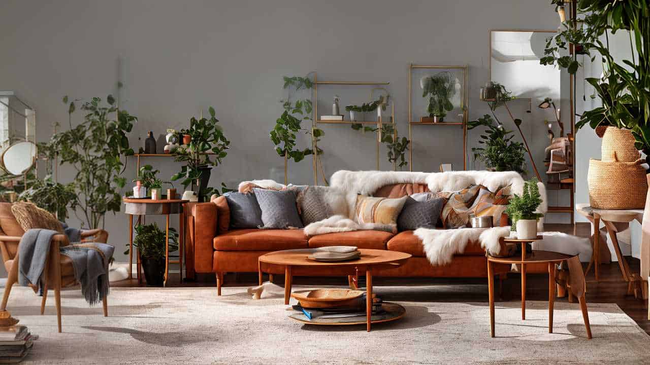 A cozy living room with a brown leather couch, numerous plants, a round wooden coffee table, and a light rug. Decor includes cushions, a fur throw, and wall mounted shelves holding plants and decor items.