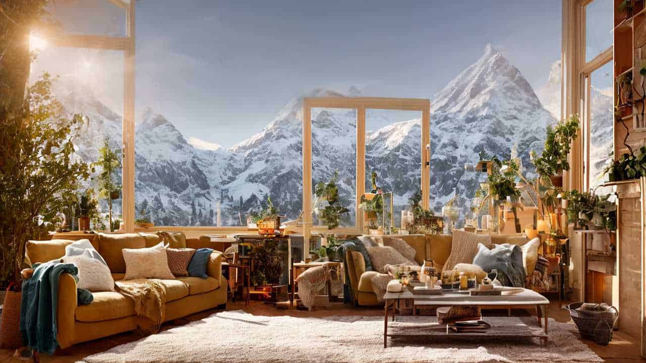 A cozy living room with large windows overlooks snow covered mountains. The space features beige sofas, indoor plants, and wooden furniture, creating a warm and inviting atmosphere.