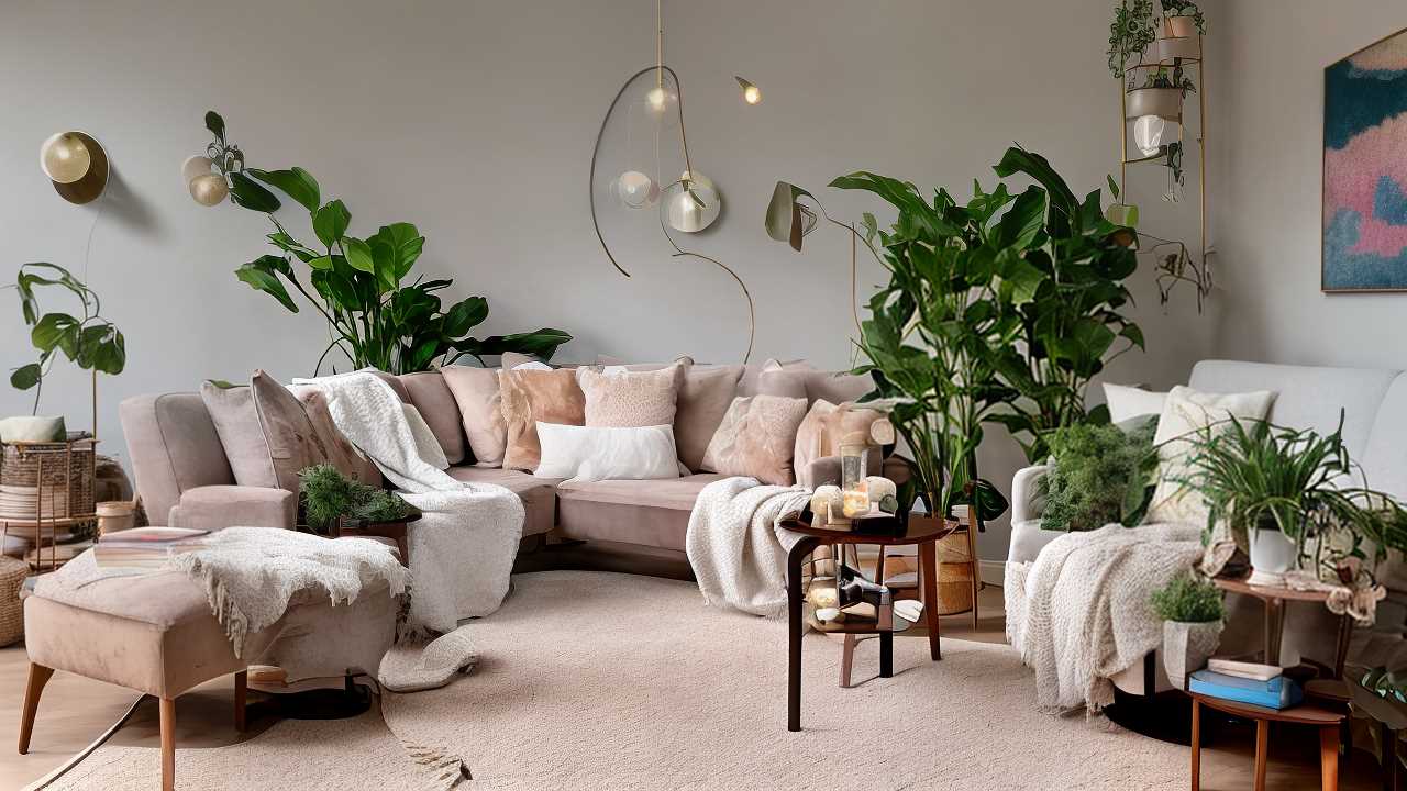 A cozy living room with a beige sectional sofa, armchair, and several plants. The space includes small wooden tables, scattered pillows, blankets, and wall mounted light fixtures.