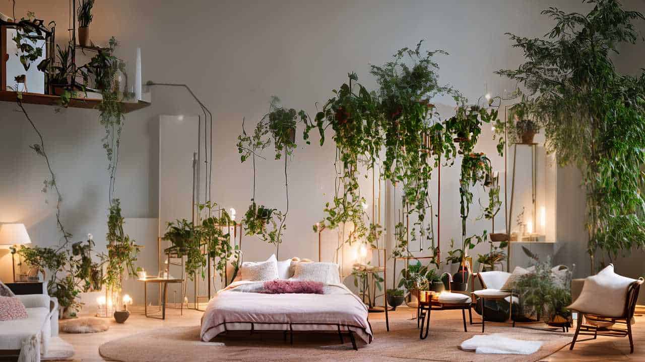 A bedroom with a bed, plush rug, and multiple chairs, surrounded by an abundance of green plants. Soft lighting creates a cozy ambiance.