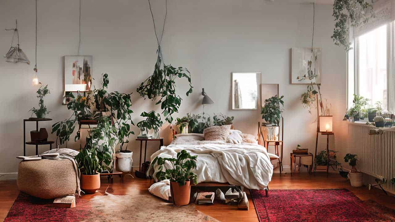 A cozy bedroom with a large window, plants, wall art, and a bed adorned with white bedding. There are two small rugs on the wooden floor. Light fixtures hang from the ceiling.