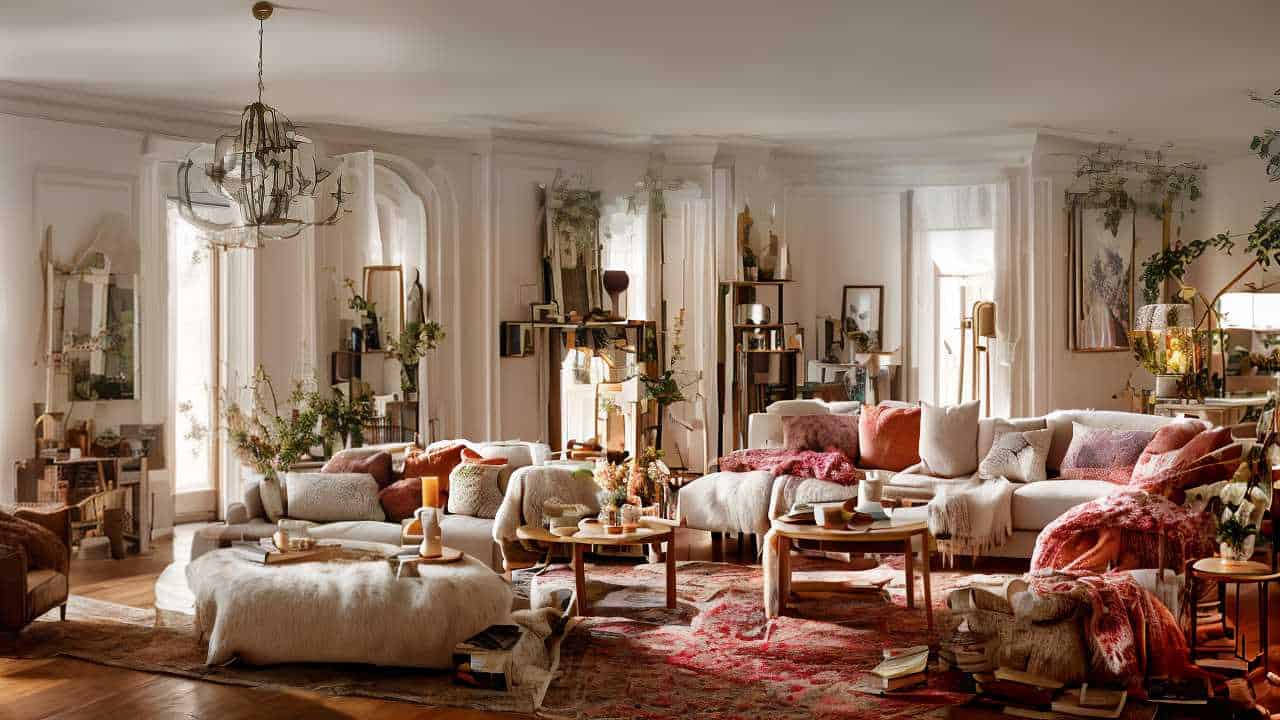 A spacious living room with multiple cozy seating areas, lush plants, a chandelier, soft furnishings, and abundant natural light. Various books and decorative items are scattered around.
