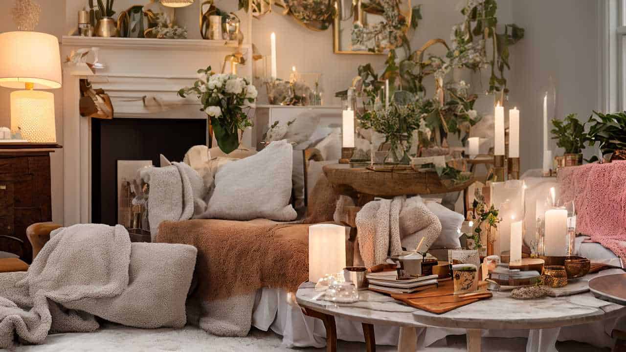 A cozy living room with blankets and pillows spread across furniture, candles lit on various surfaces, and a coffee table with books, a tray, mugs, and a teapot. Plants and decorations add a warm touch.