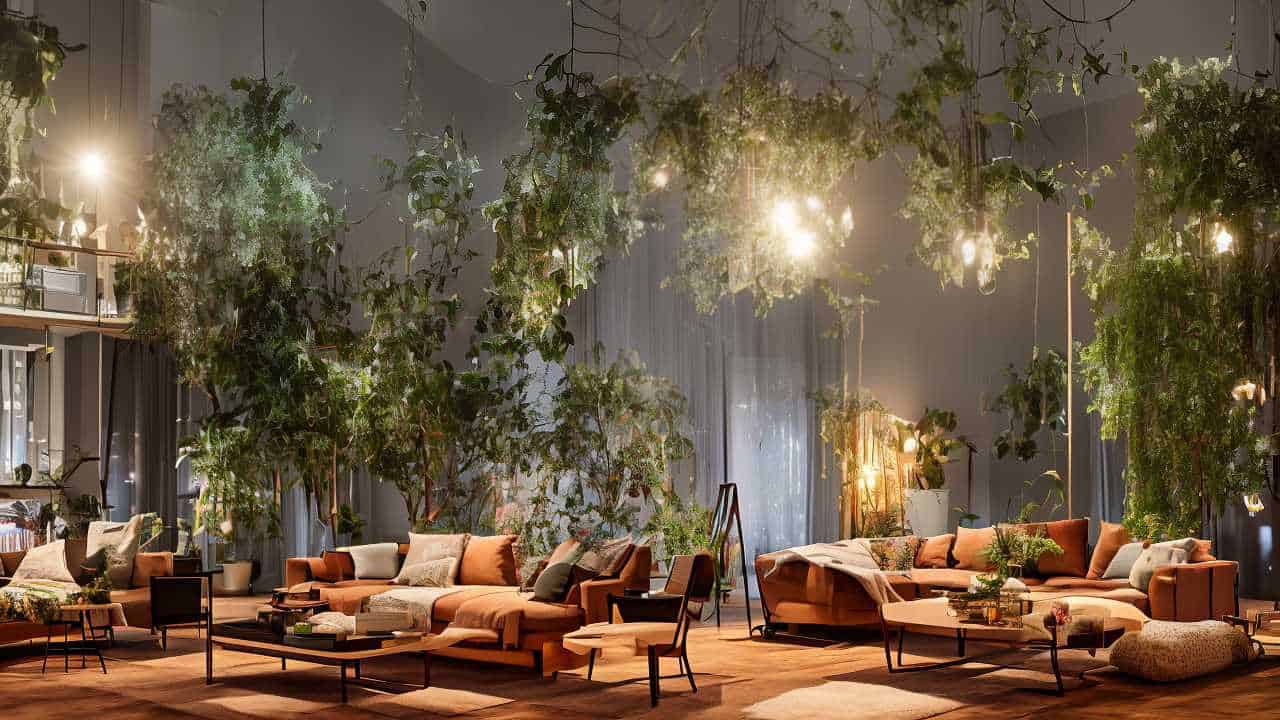 Modern living room with a mix of furniture, lush hanging plants, and ambient lighting creating a cozy and green atmosphere.