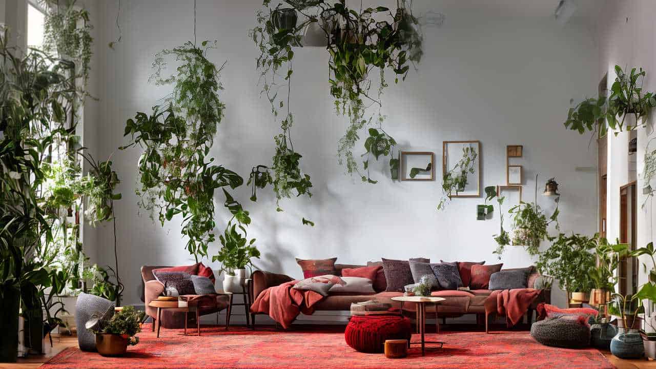 A spacious living room with lush hanging plants, red and gray sectional sofas, assorted potted plants, framed art on the walls, a red rug, and modern furnishings.