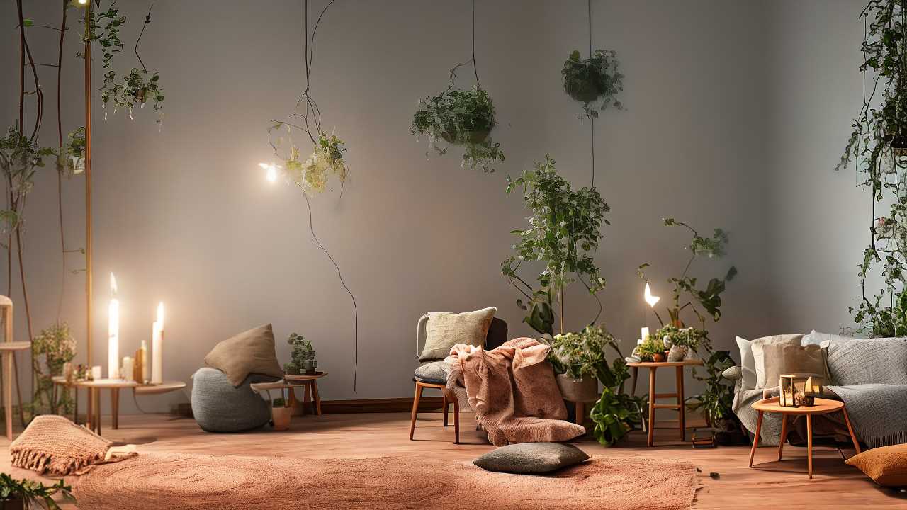A cozy room with plants, pillows, a blanket, candles, and soft lighting. Seating includes chairs and floor cushions, with a neutral color palette and natural elements creating a relaxed atmosphere.