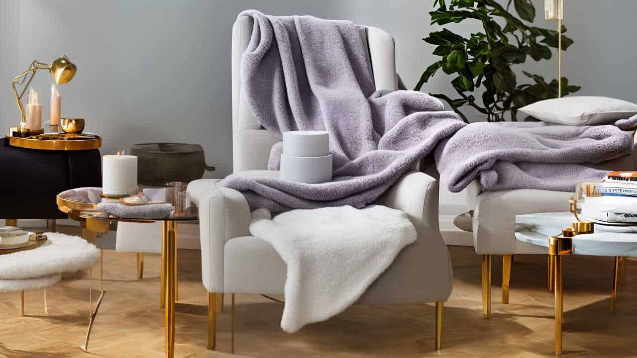 A cozy living room with a gray armchair draped in a fluffy blanket, surrounded by candles, books, and plants on golden legged tables.