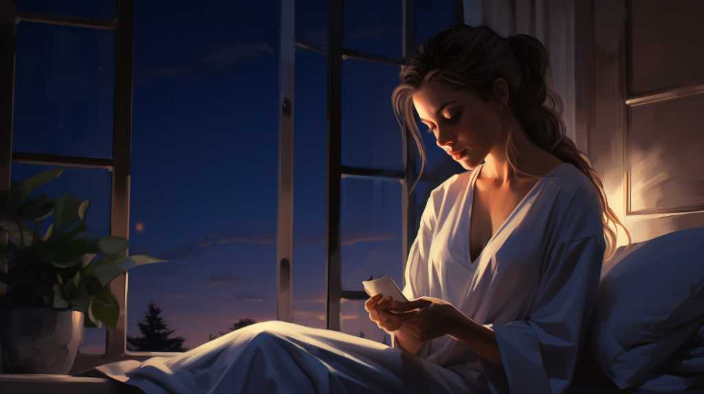 A woman in a white robe sits by a window at night, reading a note in soft light. A potted plant is by her side.