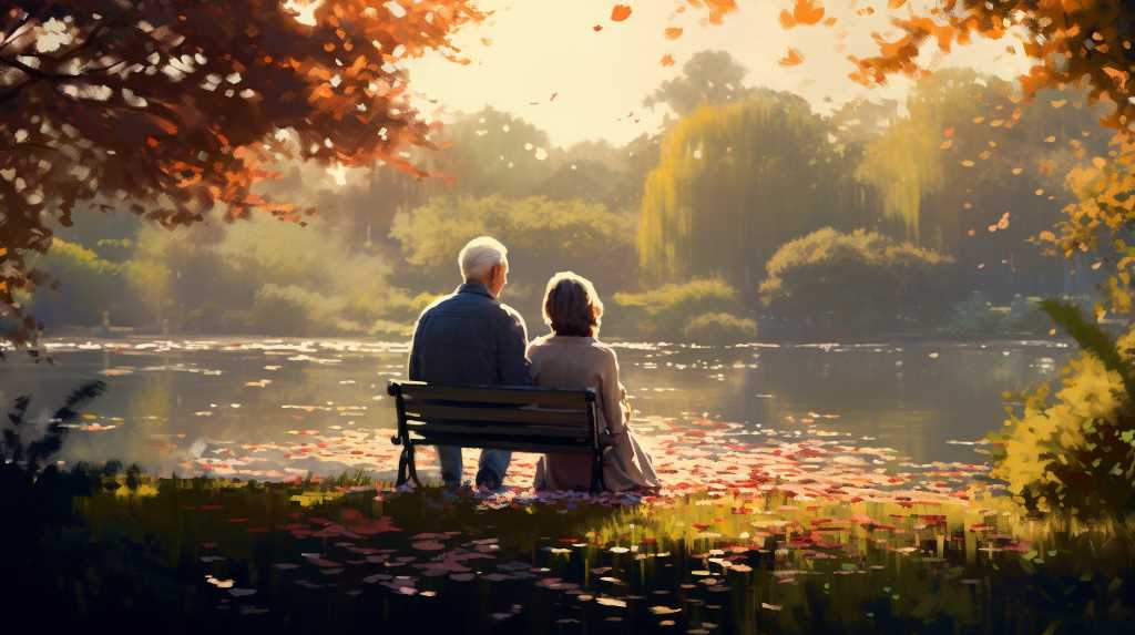 An elderly couple sits on a bench by a lake surrounded by autumn foliage, with leaves falling gently around them.