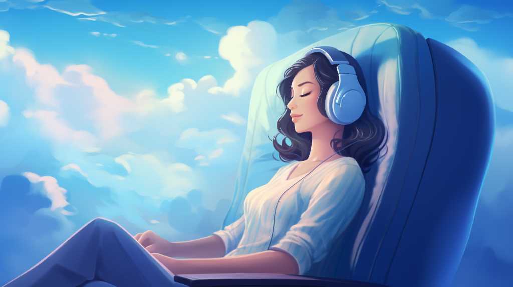 A woman with long hair is sitting in an airplane seat, leaning back and wearing headphones. She looks relaxed with her eyes closed, surrounded by a backdrop of clouds and blue sky.