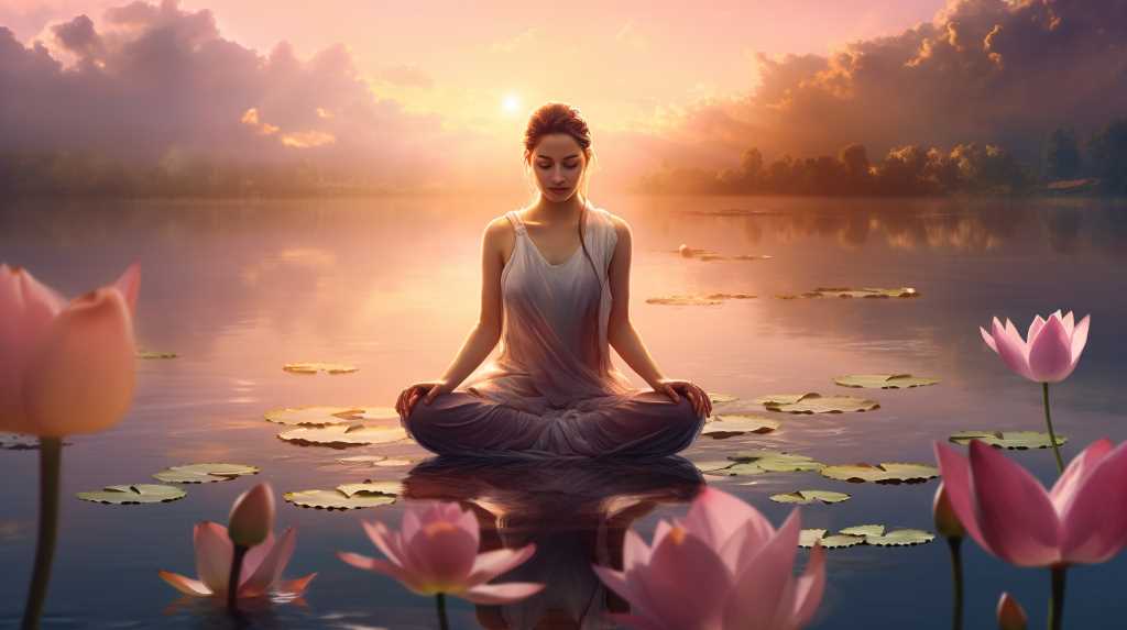 A woman in a white dress meditates in a lotus position on a calm lake surrounded by lotus flowers at sunrise.