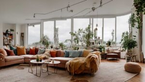 A spacious living room with large windows, plants, and a curved beige sofa. There's a collection of throw pillows, a blanket, and round coffee tables on a wooden floor.