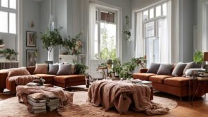 A spacious, light filled living room with two brown sofas, a central ottoman, plants, books, and large windows with white curtains.