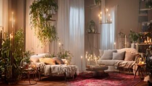 Cozy living room with two sofas, numerous plants, and lit candles. A red rug covers the wooden floor, and natural light filters through sheer curtains.