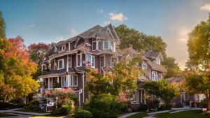 A large, elegant house with intricate architecture and multiple gables surrounded by lush trees and blooming flowers under a clear sky.