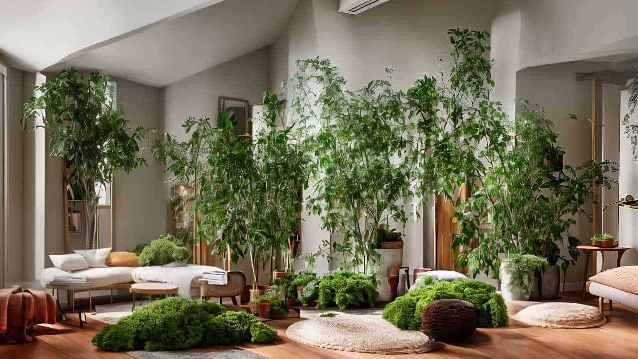 A bright room filled with various indoor plants, featuring a white couch, wooden flooring, and a soft pouf. Natural light streams in, creating a tranquil, green atmosphere.
