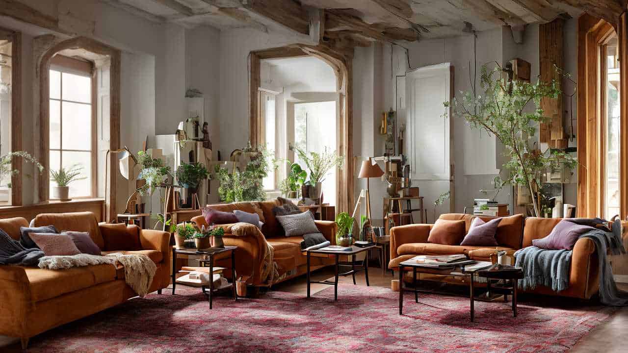 A cozy living room with brown sofas, various plants, a red patterned rug, and warm lighting. Large windows and wooden beams add rustic charm.