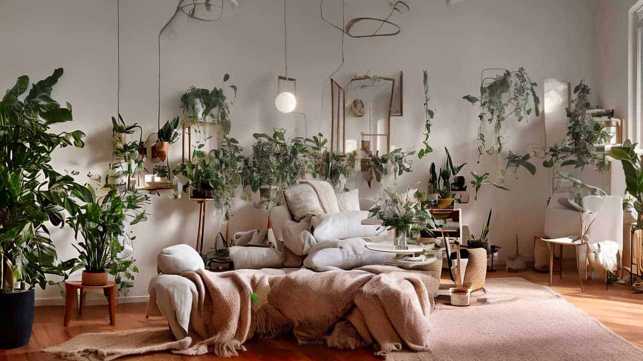 A cozy living room filled with various green plants, natural light, and neutral colored furniture and decor.