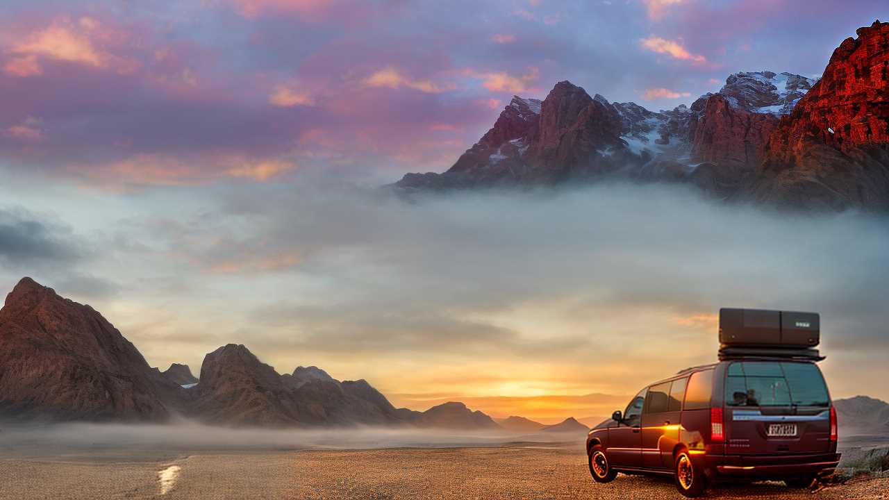 A van parked on a desert landscape at sunset, with mountains in the background and a dramatic sky.