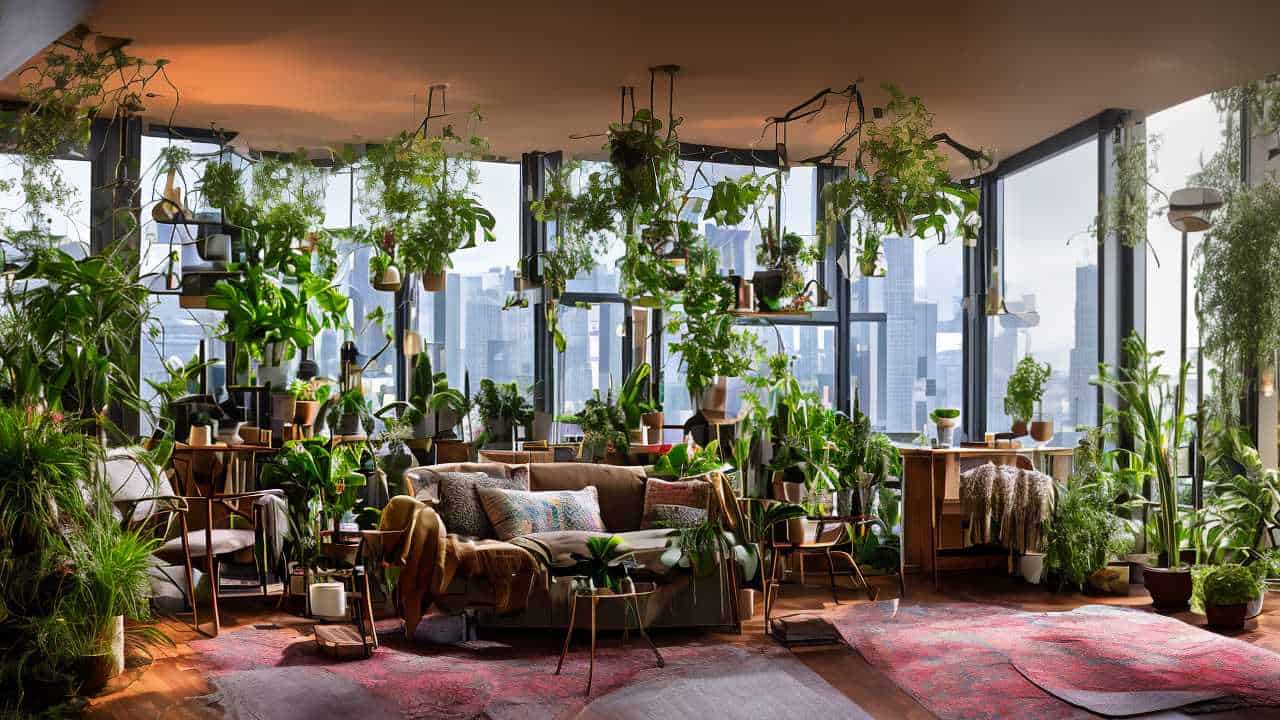Room with large windows, filled with diverse indoor plants, a sofa, rugs, and a city view. Natural light illuminates the space, creating a cozy and lush atmosphere.